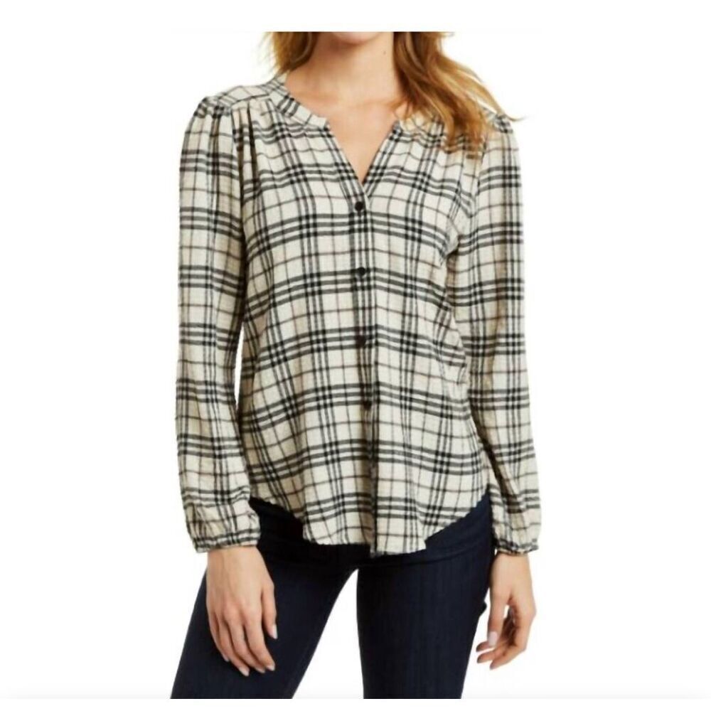 Drew Womens Jalen Plaid Button Front Viscose Blend Long Sleeve Top Black Cream M